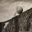 Greek Sisyphus rolling a boulder up a hill.