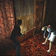 Screenshot of Silent Hill (1999, PS1) which shows protagonist Harry Mason fighting a Nurse with a rusty pipe
