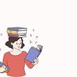 A girl studying, holding books in her hands, and some books on top of her head