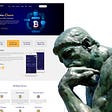 Statue of “The thinker” looking at a crypto currency landing page