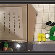 On the left: a sign addressing the issue of “Aligning Shoes” is posted on top of a urinal. On the right: bathroom slippers are strewn about in disorder.