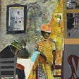 A collage work by Romare Bearden featuring a man walking down stairs leading into a room with people seated at a table.