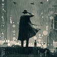 Image: A figure in a trench coat standing in the rain and facing a dense cityscape.