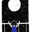 A young person with curly hear, starring out at a full moon, back turned with hands raised. They are wearing a red dress and stars are visible.
