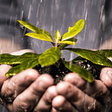 Hands holding a plant seedling in the rain
