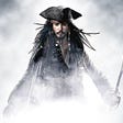 Captain Jack Sparrow of Pirates of Caribbean holding sword in mist.