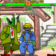 This screenshot shows a fight from the game, between Investigator Azuma and the construction worker Blues. Investigator Azuma has been just hit by Blues. The stage is an elf village with a lot of background characters.