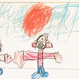 Kid’s crayon drawing of two people outside wearing masks.