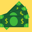 Three green dollar bills on a yellow background.