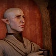 Solas sipping tea and looking disgusted in Dragon Age Inquitision.