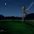 A nighttime scene with a distant graveyard and a chimney poking our of the ground.