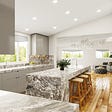 A 3D rendering of a bright kitchen with a stone island and three barstools.
