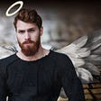 Handsome man with angel’s wings and a halo.
