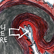 Pencil drawing showing part of an image of a dark wave, with the words “YOU ARE HERE” and an arrow pointing at the wave’s trough