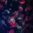 Jellyfish float against the black background. Published on a post by James Watson-Gaze about managing unhelpful anxiety.