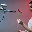 Woman handing a flower to a robot