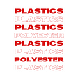 alternate red and white-with-red-outline words of “polyester” and “plastics”