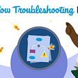 Trailhead character, Codey the bear, pointing at the new Troubleshooting Flow badge.