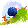 Sisyphus, supporting a bolder on a hill by tugging on a rope that is tied around the boulder.