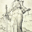 A drawing of Justitia, the Roman the goddess of justice, showing her in a Roman-style tunic with a sash. She is holding a sword in her right hand and carrying scales of justice in her left hand, and she is wearing a blindfold. In the background, Roman ruins can be spotted.