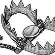 An open jagged-toothed metal jaw trap, lying in wait to be activated and clamp shut around its future prey.