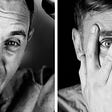 Two black and white portraits of the author, Dan Eastmond, one shouting and the other peeping through his fingers