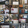 A grid of twelve photographs taken from the Instagram of Helen Redfern. Pictures with scones and coffee, books, pencils, notebooks and petals — all artfully arranged.