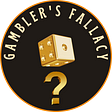 A black circle with a golden outline. An image of a golden dice and a question mark is at the center of the circle, with the words “Gambler’s Fallacy” written on the upper circumference of the circle.
