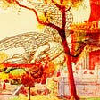 Collage of angel and a Japanese temple scene.