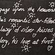 The handwritten words to the poem, entitled Kisses of Silver — by Carolyn Hastings 2020. Silver text on black paper.
