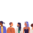 Panoramic drawing of a diverse range of people.