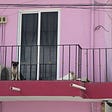 Pug sitting on first-floor balcony of fuchsia-coloured house looking out.