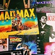 Wall of movie posters plastered over each other showing Mad Max, Scarface, Back to the Future and other films