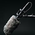 A professional mic with a dead cat (air sound reduction) attached to the end fully.
