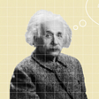 A black and white photo of Albert Einstein on a light yellow grid background, surrounded by playful shapes.