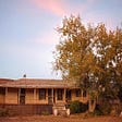 A picture of a small abandoned house in the mining town of Cananea, Mexico at sunset. The sky is blue with tints of rose, it’s about to get dark. The house has an old crooked roof and is boarded up. In front of it a big tree is doused with the last light of the golden hour. The ground around is dry and light brown.