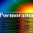An abstraction of sunrise on the water rendered in bright rainbow colours with the word, ‘Poemorama’, in large white font in the middle. A small, square,  black-on-white logo with an origami bird and the words ‘Paper Poetry and notes’, is in the top left corner.