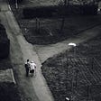 A man walking beside an old woman on a road.