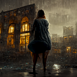 An image of a woman standing outside an abandoned city. Post apocalypse style.