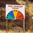A sign reading “fire danger today — low, moderate, high, very high, extreme” with an arrow pointing to extreme.