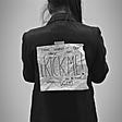 A black and white sign picture of a girl with a “kick me” sign on her back