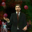 Florida Governor Ron DeSantis juggling coronaviruses. Behind him are children who are being put in danger because of his objection to mask mandates in schools.
