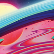 Illustration of blue swirls in front of a pink sun in black space.