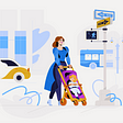 An illustration of a woman walking across a street with a young child in a stroller. There is a sign showing different directions she can take.