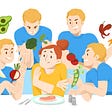 4 identical men holding produce surround an uncomfortable woman with a steak on a plate in front of her.