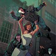 A brown woman cyborg brawls with at least four military police officers. The cyborg wears a pale green dress with on strap and torn purple leggings. She has neck length brown hair. The officers wear skull-like masks and dark blue armored uniforms. She holds one high in the air, about the body slam him. Another grabs where around the waist, apparently failing to tackle her. A third is on the ground. A forth looks on, apparnetly unsure of what to do.