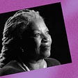 Black and white photo of Toni Morrison against a violet background.
