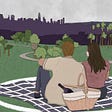 Two people sitting on a picnic blanket in a large white circle in a socially distanced park.