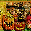 Jack-o'-lanterns and other Halloween figures wearing librarians’ glasses and smiling broadly