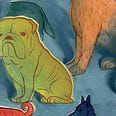 Watercolor painting of overlapping dogs of different species.